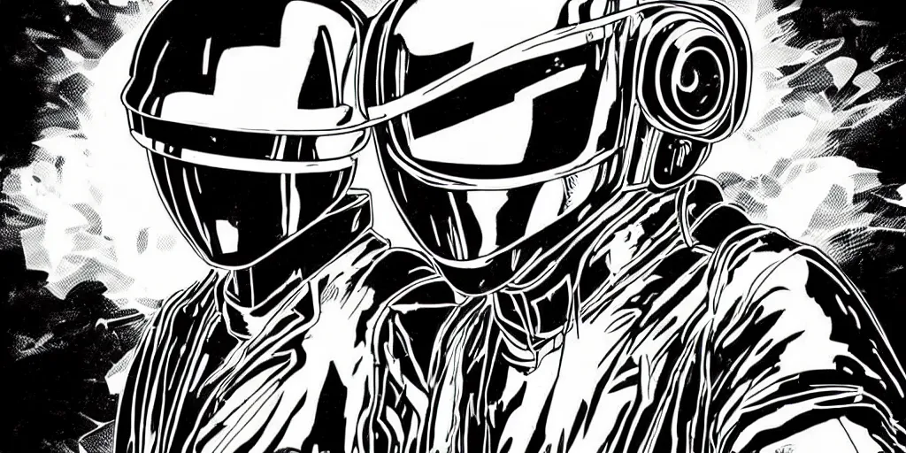 Prompt: detailed black ink manga artwork of 2 Daft Punk robot rock using Apple notebook Macbook at an underground warehouse rave in Ibiza, playing techno house music, thousands of beautiful girls in bikini dancing, in the style of manga illustration, wires, speakers, black and white ink