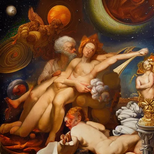 Image similar to life in the cosmos, detailed baroque oil painting