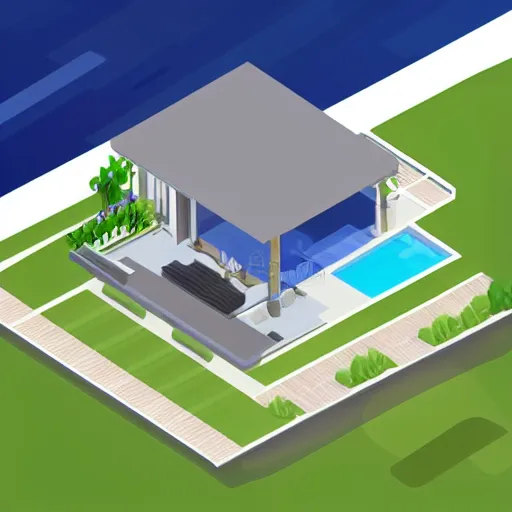 Image similar to an isometric illustration of a modern house by the beach,