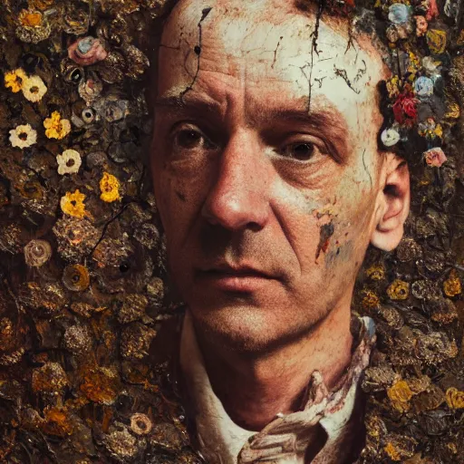 Prompt: a painting of a very ordinary person, by Anselm Kiefer, mixed media, rusted metal, flowers, anatomically correct, beautiful perfect face, sharp focus, Highly Detailed, Cinematic Lighting, octane render, volumetric lighting, post-production, 8k, HD
