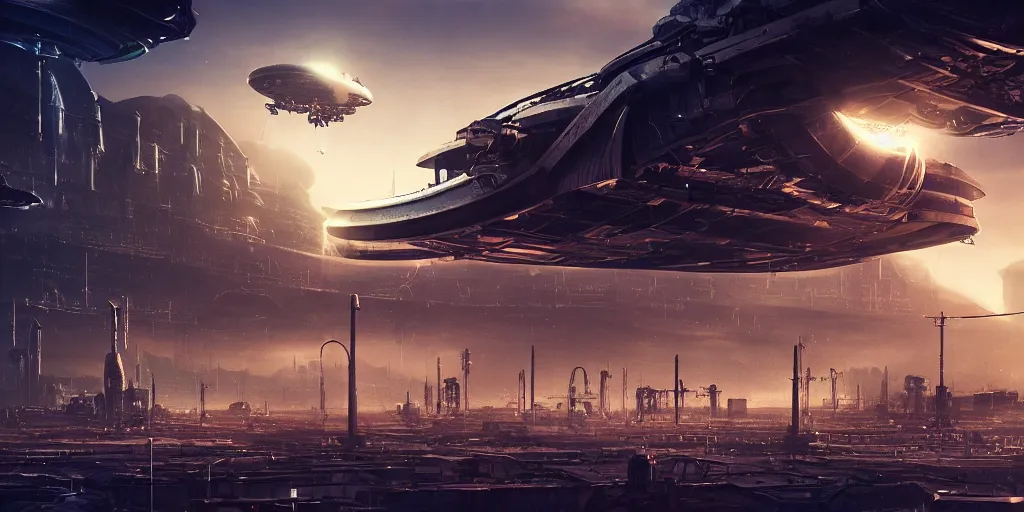 Image similar to alien spacecraft hovering over busy space port surrounded by alien robots, steel archways, industrial buildings, rusty metal towers, sun setting, ross tran, fantasy, james jean, cinematic lighting, digital painting, octane render