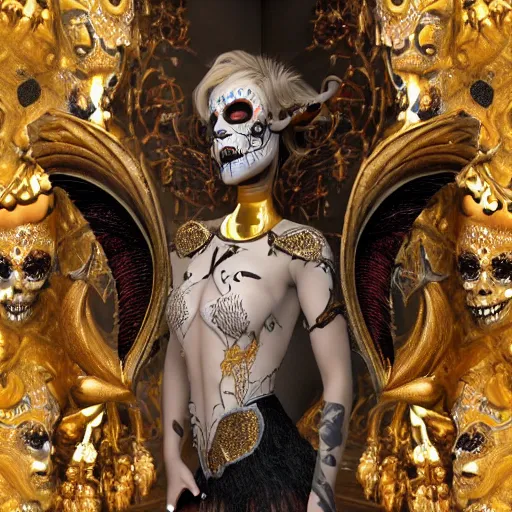 Image similar to champagne blonde female changeling mythical satyr, humanoid with goat legs and horns, symmetry intricate, dia de los muertos, aztec ultra detailed feathered dress, gold - bodied playing guitar, concept art, photorealism, ultra realistic, 8 k resolution, artstation, 3 5 mm,