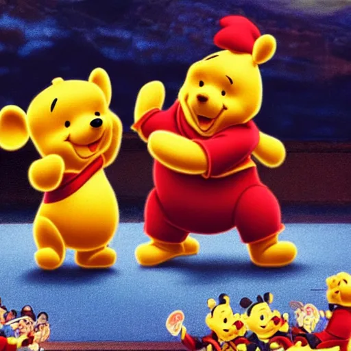 Image similar to an award winning cinematic still of Xi Jinping fighting Winnie the Pooh, 16k photograph, epic battle