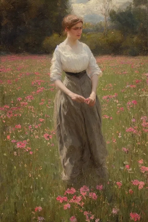 Prompt: Richard Schmid and Jeremy Lipking full length portrait painting of a young beautiful edwardian girl walking through a field of flowers with hands behind her back