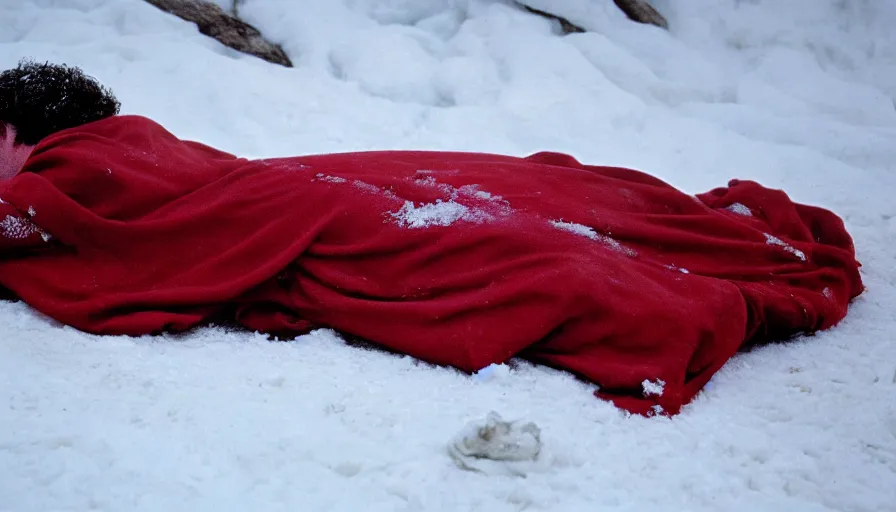 Image similar to 1 9 6 0 s movie still close up of marcus aurelius tired in a red royal toga frozen to death under the snow by the side of a river with gravel, pine forests, cinestill 8 0 0 t 3 5 mm, high quality, heavy grain, high detail, texture, dramatic light, anamorphic, hyperrealistic, detailed hair, foggy