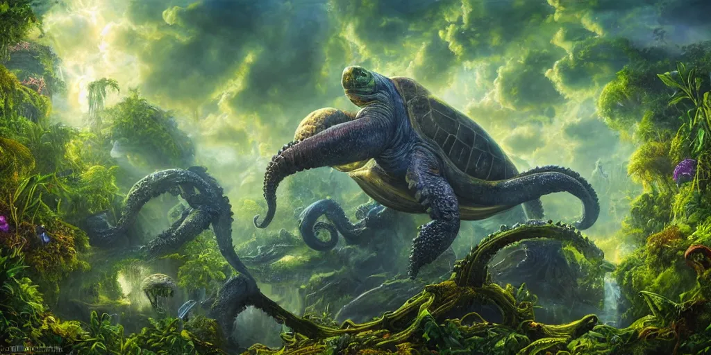 Image similar to fantasy oil painting, alien spacecraft, outer worlds, great leviathan, turtle cephalopod terrapin reptilian pachyderm amphibian hybrid, rainforest mountains, lush plants flowers, epic natural light, bright clouds, luminous sky, bright cinematic key lighting, michael cheval, michael whelan, vray, 8 k hd