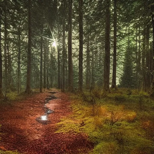 Image similar to bright nordic forest, sparkling spirits, detailed wide shot, water, ground detailed, wet eyes reflecting into eyes reflecting into infinity, beautiful lighting