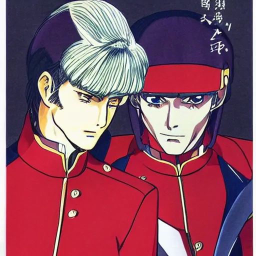 Prompt: a portrait of char aznable and garma zabi , drawn by Yoshikazu Yasuhiko, gundam gto , 0079