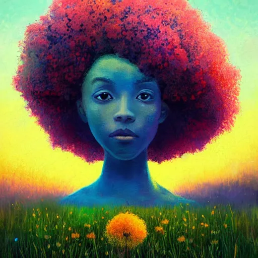 Image similar to girl with flower afro, standing in a field with flowers, hills, big trees, sunrise dramatic light, impressionist painting, colorful clouds, digital painting, pointillism, artstation, simon stalenhag