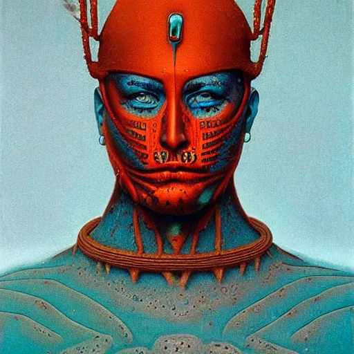 Prompt: symmetric portrait of indigenous warrior, turquoise and orange. realistic. high detail.by zdzisław beksiński