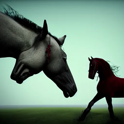 Image similar to vampire feeding on a horse, epic scene, realistic render