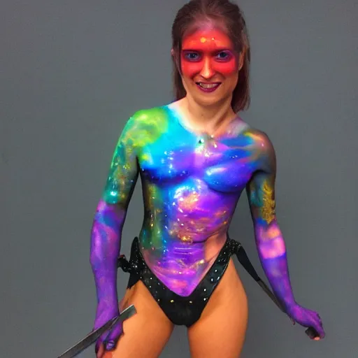 Image similar to iridescent bodypaint on a swashbuckling space pirate