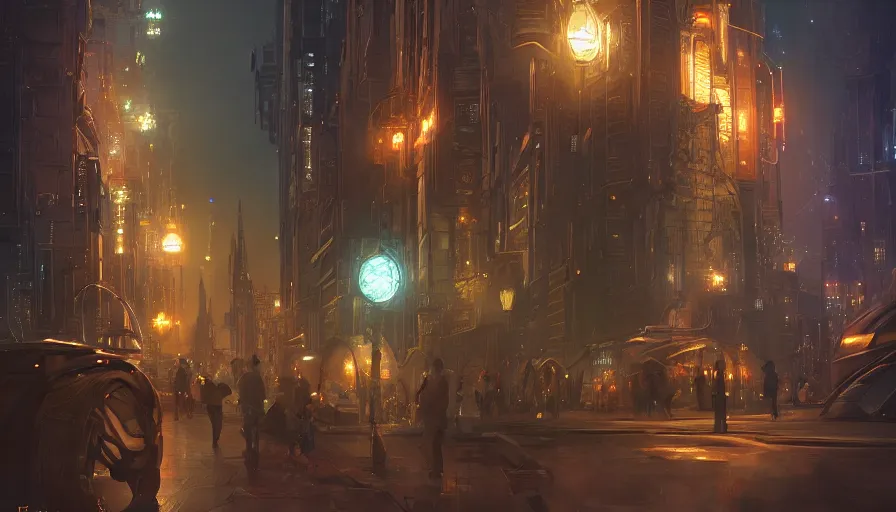 Image similar to sci - fi city night, beautiful lit lamps, 8 k highly detailed art, intricate, stanley lau, artgerm, artstation, smooth, far shot, wlop, alphonse mucha, cinematic shot, cinematic lighting