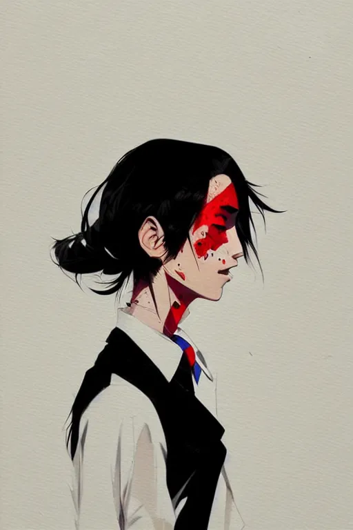 Image similar to a ultradetailed beautiful panting of a stylish woman wearing a shirt with a tie, she has black hair, by conrad roset, greg rutkowski and makoto shinkai, trending on artstation