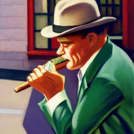 Image similar to A portrait of James Cagney smoking a cigar in a busy downtown Chicago street, circa 1940s, painting by Edward Hopper