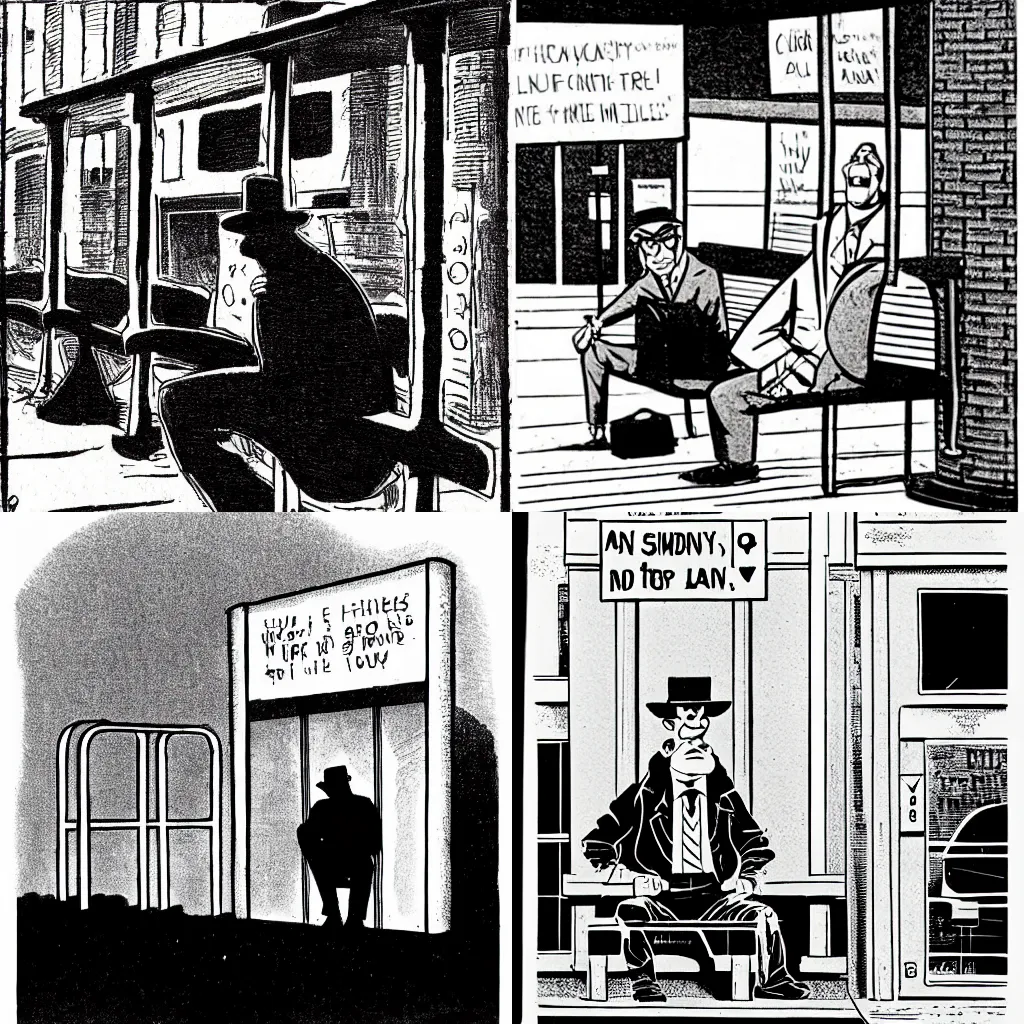 Prompt: lonely man waiting at the bus stop, will eisner