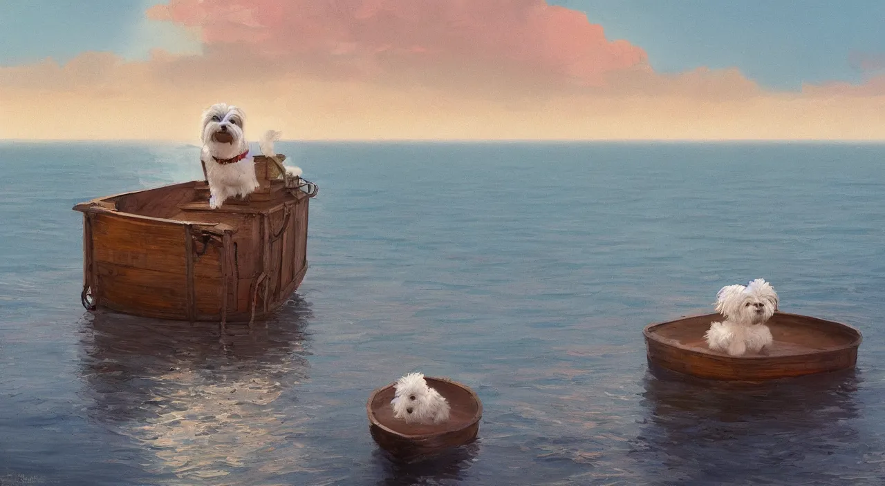 Prompt: havanese dog sailing on top of a wooden boat from 1 9 0 0, looking out to the see, leaving the port at havana, 1 9 0 0, tartakovsky, atey ghailan, goro fujita, studio ghibli, rim light, mid morning lighting, clear focus, very coherent