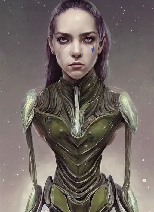 Image similar to a professional painting of a beautiful young female alien, clothed in ethereal armor, olive skin, long dark hair, beautiful bone structure, symmetrical facial features, intricate, elegant, digital painting, concept art, smooth, sharp focus, illustration, from Valerian and the City of a Thousand Planets, by Ruan Jia and Mandy Jurgens and Artgerm and William-Adolphe Bouguerea