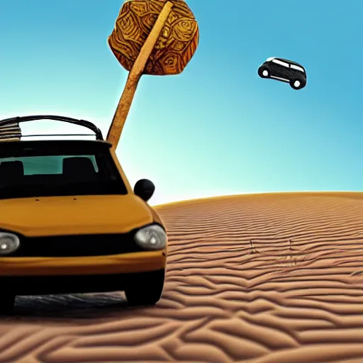 Image similar to turtle driving a car in the desert, highly detailed, realistic