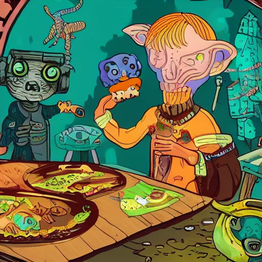 Image similar to a cyberpunk peasant eating valencian paella surrounded by adorable aliens and creepy otters on a football pitch