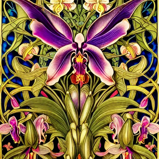 Image similar to majestic colorful orchid mantis enamel by william morris, cloisonne, iridescent, gilded details, black opals, beautiful hyperdetailed art nouveau orchids, ultrasharp photorealistic octane render, rich deep moody colors