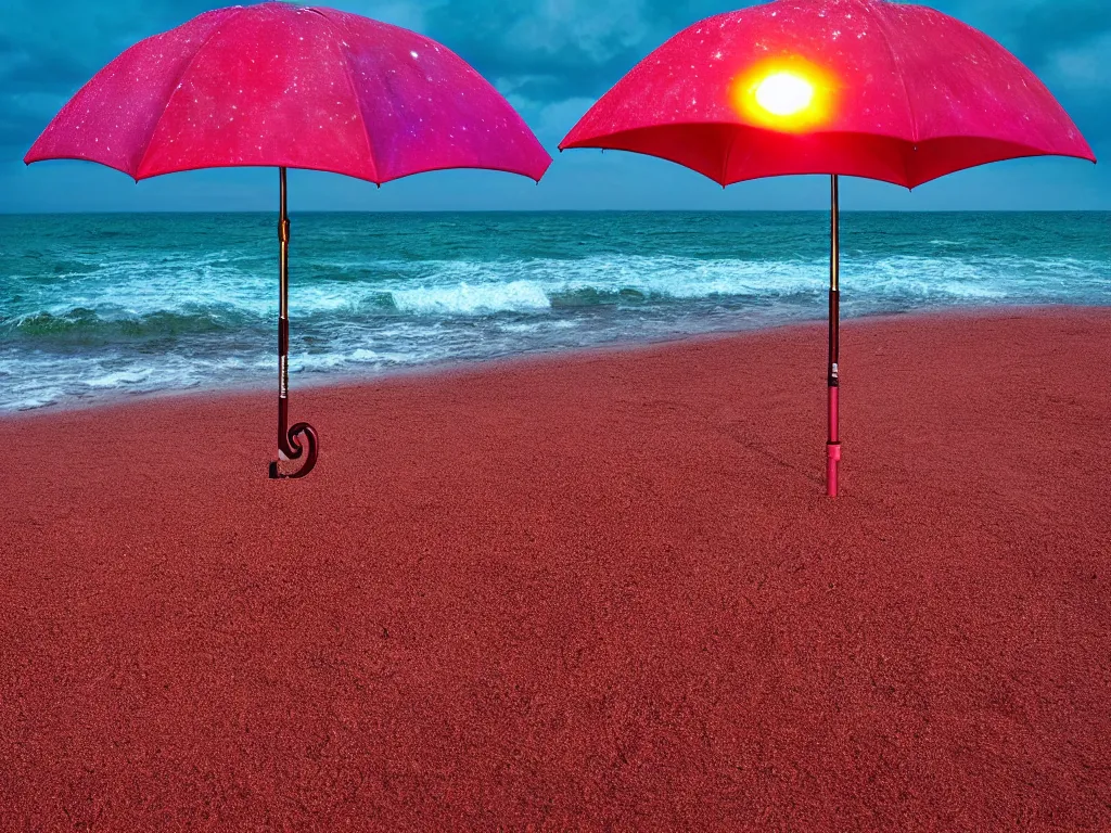 Image similar to purple umbrella, red sand beach, green ocean, nebula sunset