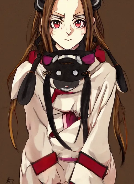 Image similar to emma watson wearing muzzle wearing muzzle wearing muzzle wearing muzzle wearing muzzle wearing muzzleas nezuko from demon slayer anime ねずこ nezuko from demon slayer anime ねずこ nezuko from demon slayer anime ねずこ wearing kimono wrapped mouth by artgem by greg rutkowski trending on artstation