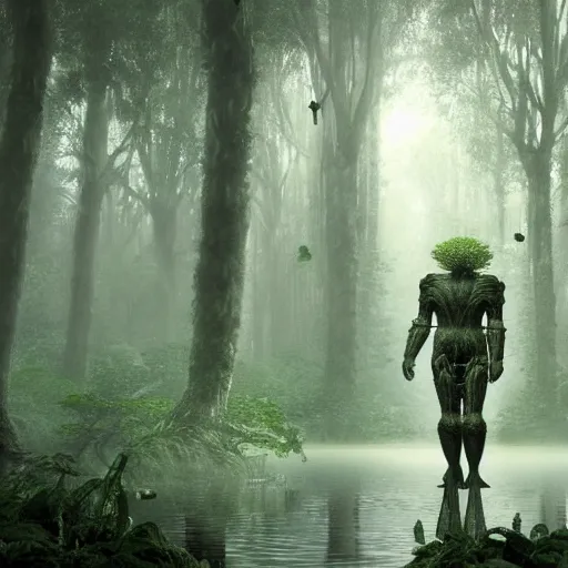 Image similar to a complex organic fractal 3 d metallic symbiotic ceramic humanoid megastructure creature in a swampy lush forest, foggy, cinematic shot, photo still from movie by denis villeneuve, wayne barlowe