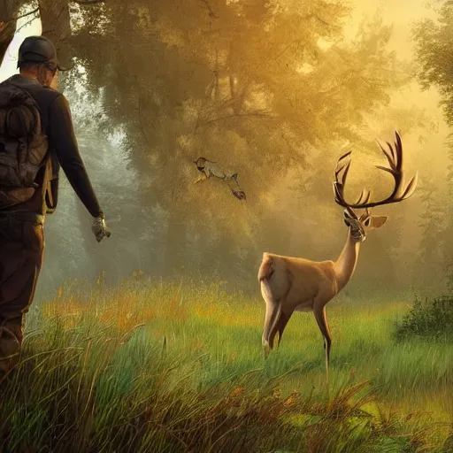 Image similar to Hunter hunting a beautiful deer, a tree of life in the background + beautiful digital art + trending on artstation + 8k