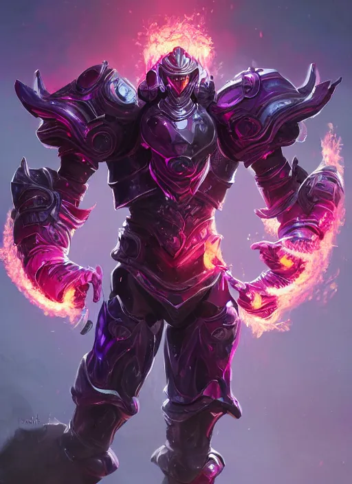 Prompt: a highly detailed illustration of fantasy cyber knight with machine gun arms, with flaming plume, rigid bulky armor, purple glowing core in armor, dramatic standing pose, intricate, elegant, highly detailed, centered, digital painting, artstation, concept art, smooth, sharp focus, league of legends concept art, WLOP