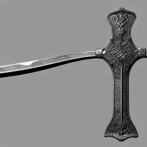 Image similar to bluestone flamberge, a huge two-handed sword with a wavy blade and large cross guard. It has a faint blue sheen, and radiates a sense of unease. 3d render