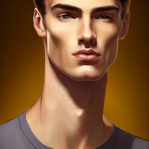 Image similar to tall man in his twenties with brown blond short quiff hair and thin slightly round facial structure with cleft chin, straight eyebrows and prominent nose, good definition of cheekbones, big hazel nut brown eyes, narrow face, slim body, atmospheric lighting, painted, intricate, 4 k, highly detailed by charlie bowater