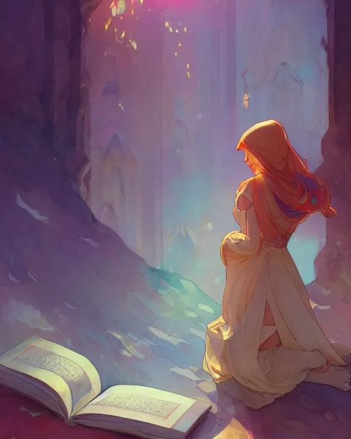 Image similar to pages of the quran falling down romantic storybook fantasy, soft cinematic lighting, award, disney concept art watercolor illustration by mandy jurgens and alphonse mucha and alena aenami, pastel color palette, featured on artstation