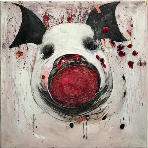 Image similar to “pig paintings and pig sculptures in a pig art gallery, pork, ikebana white flowers, white wax dripping, squashed raspberry stains, acrylic and spray paint and oilstick on canvas, by munch and Dali”