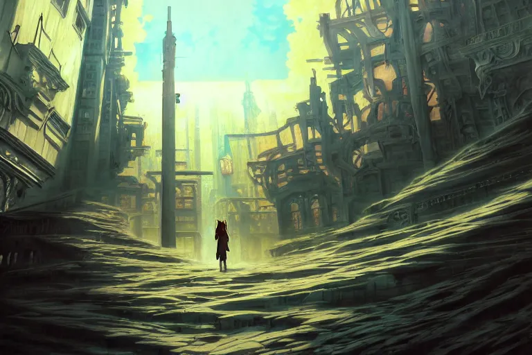 Image similar to baroque oil painting of anime key visual environment concept art of the gates of hell in the middle of a futuristic city, brutalist, dark fantasy, rule of thirds, digital cel shading, fake hidden detail, trending on pixiv fanbox, acrylic palette knife and brush, style of makoto shinkai studio ghibli jamie wyeth james gilleard greg rutkowski