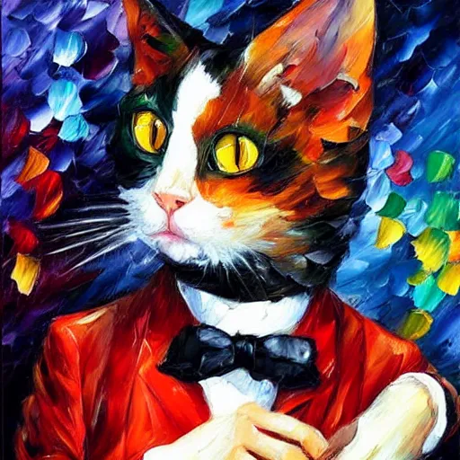 Prompt: portrait painting of a tuxedocat wearing a red jacket by Leonid Afremov