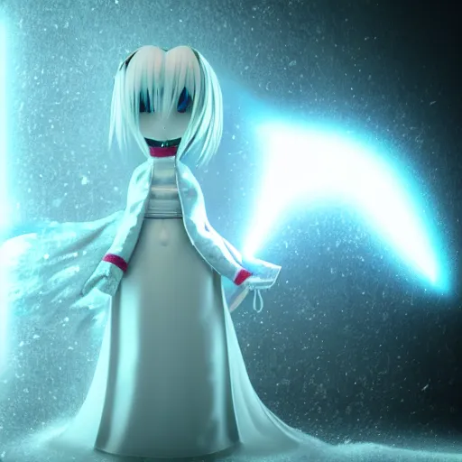 Image similar to cute fumo plush of yuki onna in the middle of a blizzard, snow particle simulation, outline glow lens flare, vray