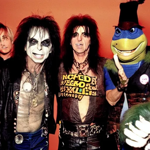 Prompt: Alice cooper with 90s ninja turtles