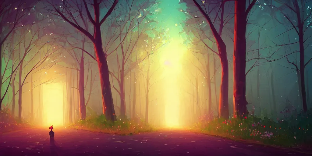 Prompt: colorful sylvain sarrailh illustration of a dark night view down an empty forest tunnel, brightly illuminated by rays of moon, wildflowers, artstation
