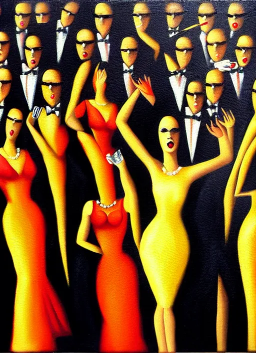 Prompt: film noir disco, crowds of people, she arrived in a golden dress oil painting