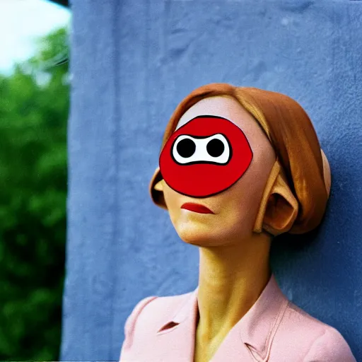 Image similar to woman with a nostril face, long snout, wearing eyeballs on her head, outdoors 1974 arthouse film, archival footage, technicolor film