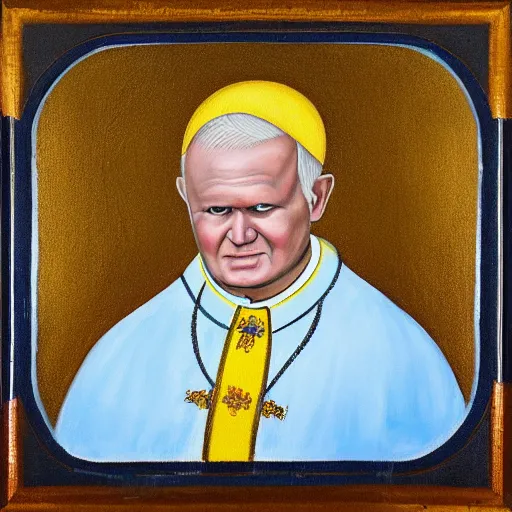 Image similar to award - winning painting of john paul ii with yellow skin, blue background