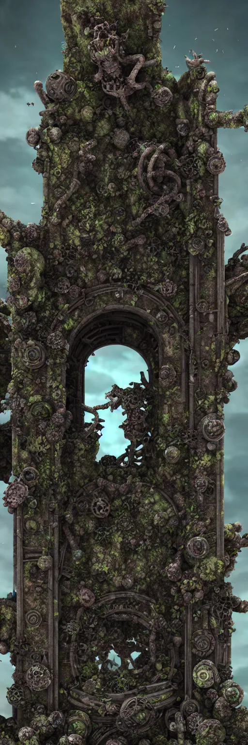 Image similar to ruined ancient lichen covered monument surrounded by biomechanical creatures,solarpunk , ultra realistic, hyper detailed, 8k, octane render
