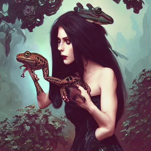 Image similar to attractive goth woman with a frog, intricate, highly detailed, digital painting, artstation, concept art, smooth, sharp focus, illustration, unreal engine 5, 8 k, art by artgerm and greg rutkowski and alphonse mucha