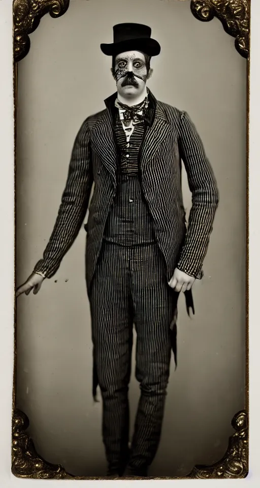Prompt: a highly detailed digital collodion photograph, a portrait of a circus ringmaster wearing an ornate striped suit