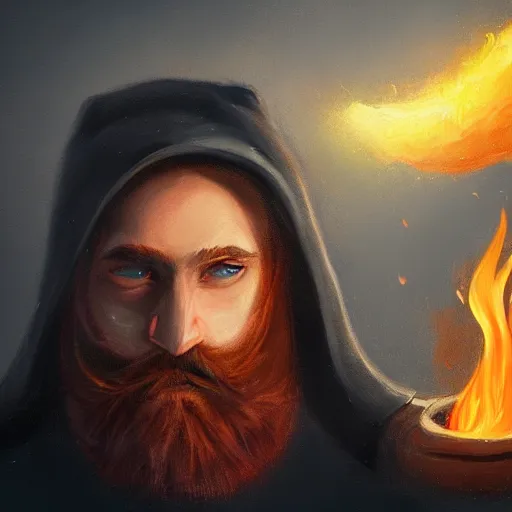 Image similar to grumpy young brown - red haired man with beard, wearing black coat, fire behind him, fire, oil painting, fantasy artwork, fantastic artwork, 4 k, trending on artstation