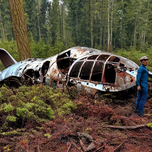 Image similar to Two Explorers Next To A Rusted Crashed Plane In A Forest, Photorealistic