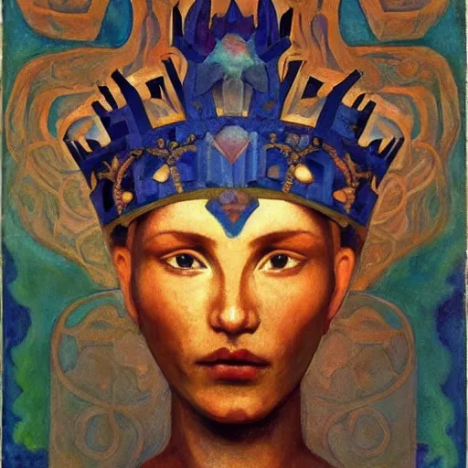 Image similar to crown of shadows, by Annie Swynnerton!! and Nicholas Roerich! and (((((( Diego Rivera)))))), bioluminescent skin!, elaborate costume, geometric ornament, symbolist, rich colors, dramatic lighting, smooth, sharp focus, extremely detailed