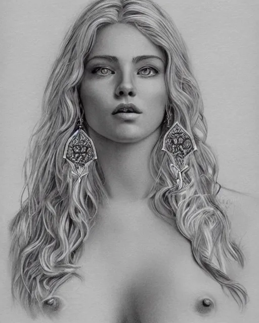 Image similar to pencil drawing of a beautiful greek goddess aphrodite with arrowhead earrings, beautiful piercing eyes, beautiful blonde hair, hyper realistic face, in the style of greg rutkowski, fantasy, amazing detail, epic, elegant, smooth, sharp focus, from the front