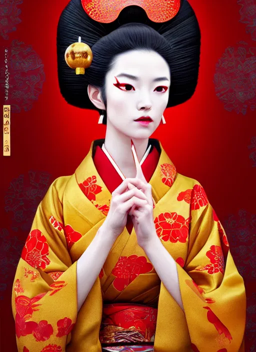 Image similar to dreamlike luxury stunning oiran portrait, red and gold kimono, art by artgerm, wlop, loish, ilya kuvshinov, 8 k realistic, hyperdetailed, beautiful lighting, detailed background, depth of field, symmetrical face, frostbite 3 engine, cryengine,